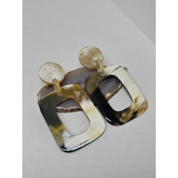 BUFFALO HORN Rectangle Dangle Drop Stud Statement EARRINGS Brown White Beige - Picture 9 of 10